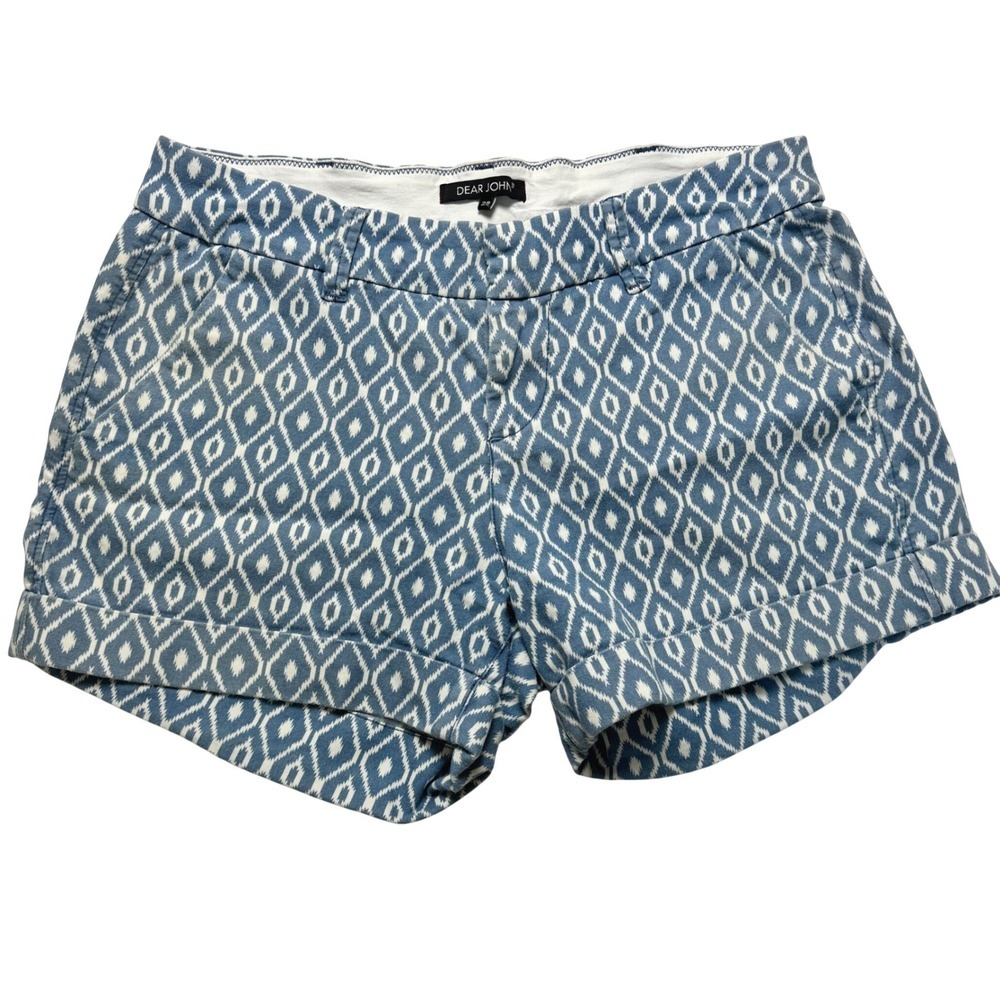 Dear John Blue White Ikat Diamond Print Cuffed Chino Shorts Womens Size 29